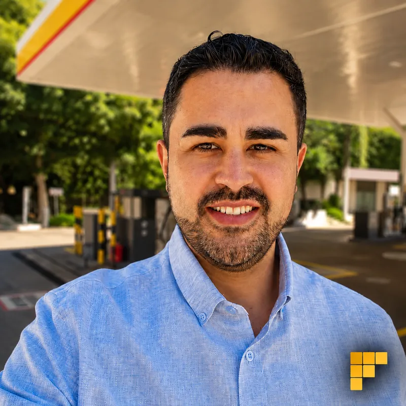 Lucas Ferrari, engenheiro civil, em posto de combustível